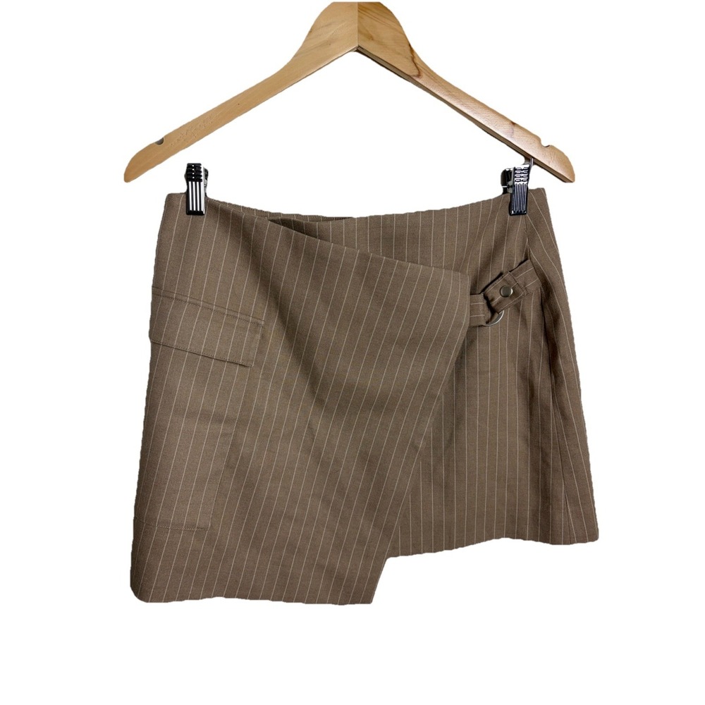 French Connection Tan Striped Mini Skirt Assymetrical Hem Buckle Size Small NWT